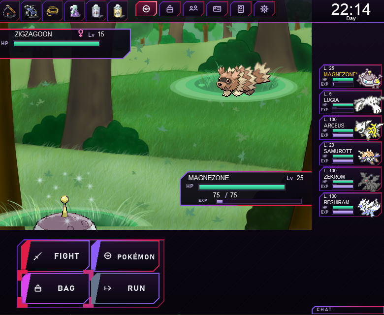 Pokemon Dawn of Darkness wild battle - Magnezone vs a wild Zigzagoon with the redesigned dark battle UI, Fight, Pokemon, Bag and Run menu and live party panel