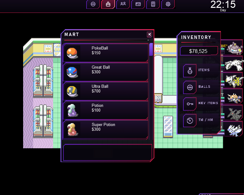 Pokemon Dawn of Darkness Poke Mart - buy Poke Balls and Potions with the redesigned shop and inventory panels