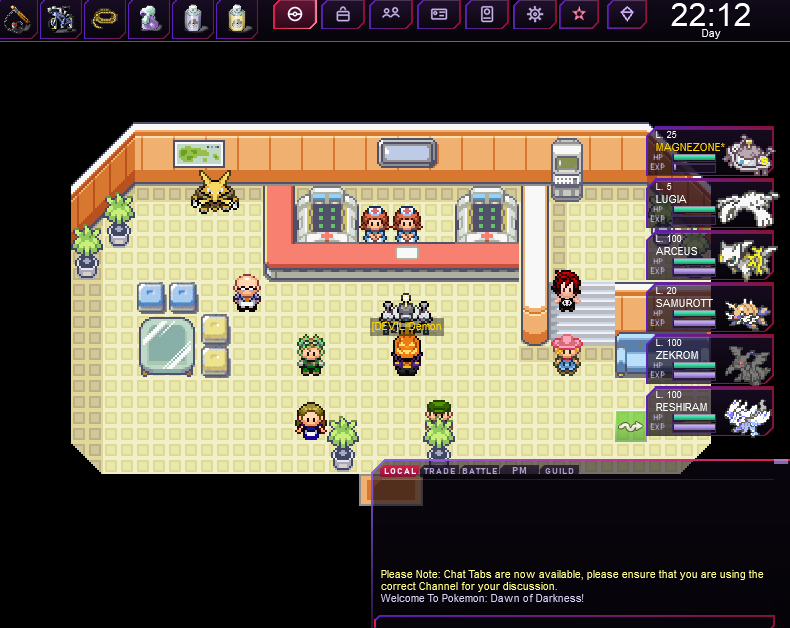 Pokemon Dawn of Darkness MMO - players inside a Pokemon Center with the new dark HUD, hotbar, day/night clock, party panel and chat tabs