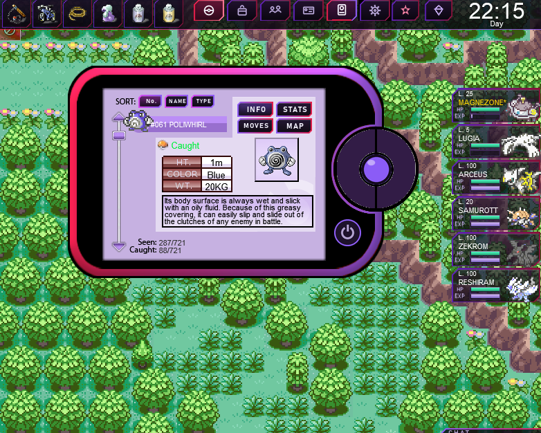 Pokemon Dawn of Darkness Pokedex - 721 Pokemon with info, stats, moves and map, sortable by number, name and type