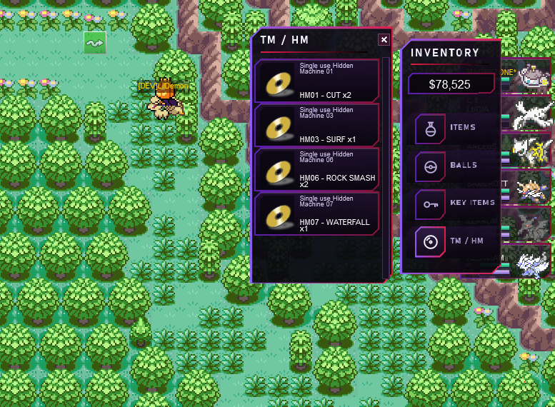 Pokemon Dawn of Darkness overworld - riding a mount on a route with the TM/HM bag open: Cut, Surf, Rock Smash and Waterfall