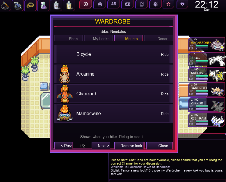 Pokemon Dawn of Darkness wardrobe - ride Pokemon mounts like Arcanine, Charizard and Mamoswine instead of a bicycle
